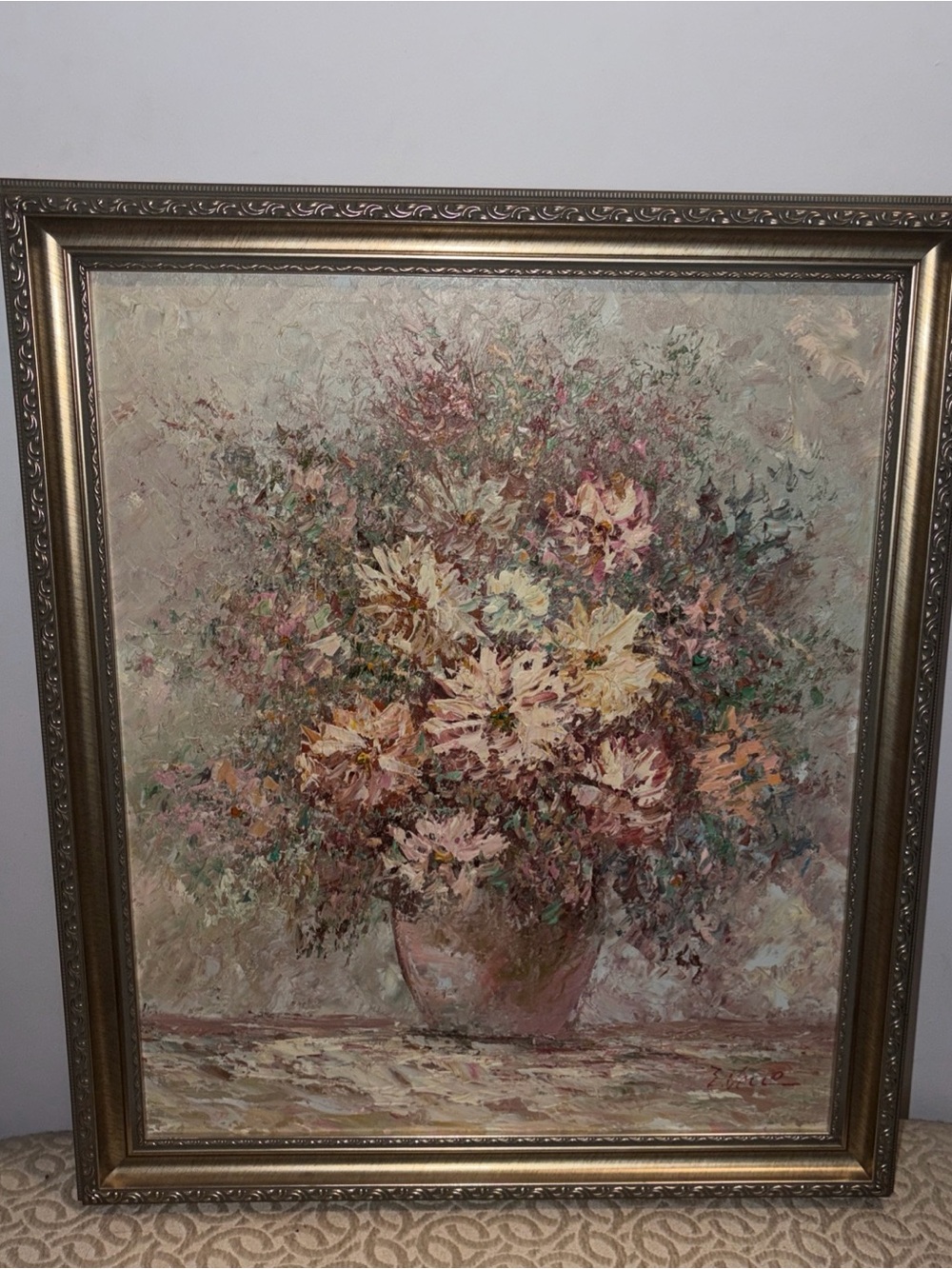 Framed  Oil Painting Still Life Floral Arrangement impasto technique signed